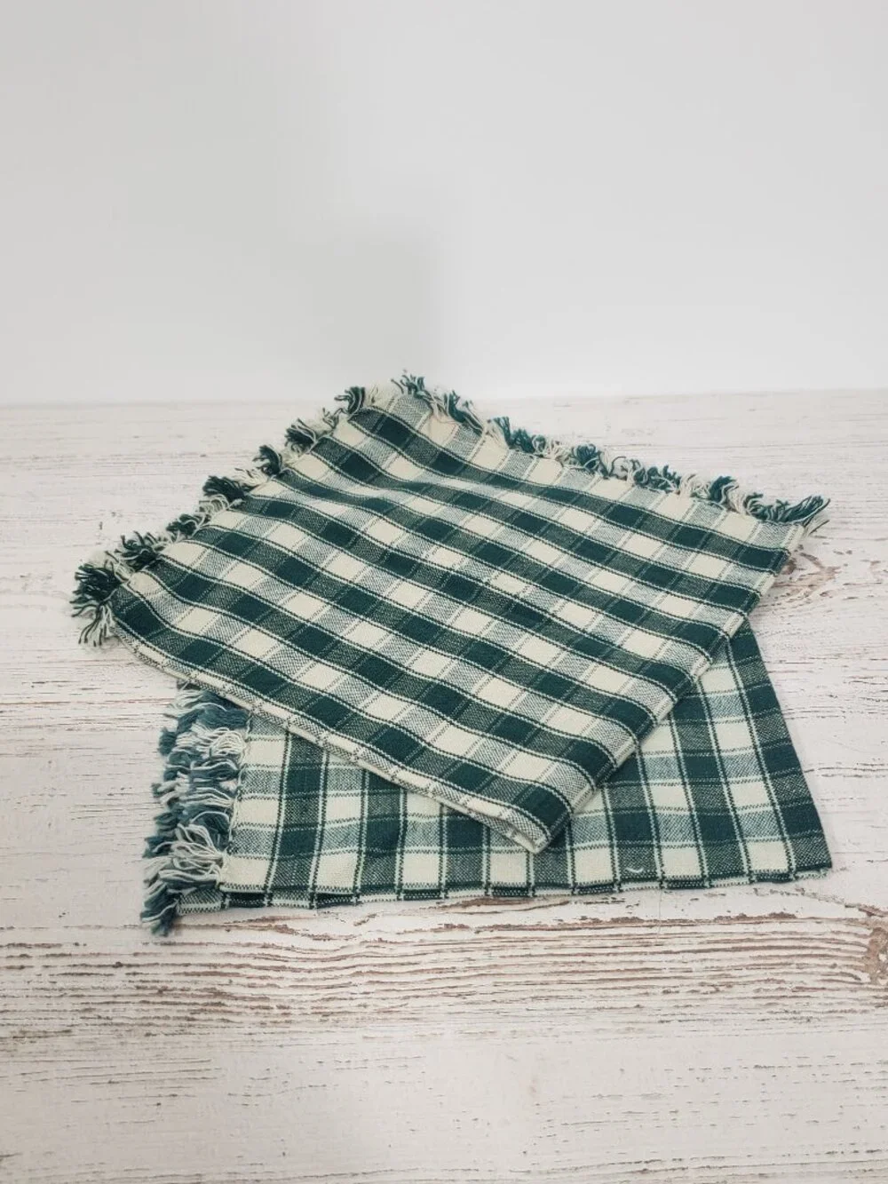 Green Check  Pair of woven cotton napkins 17 X 18 with fringe  primitive cottage